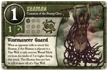 A Swamp Orc Vinemancer card from the first Edition of Summoner Wars.