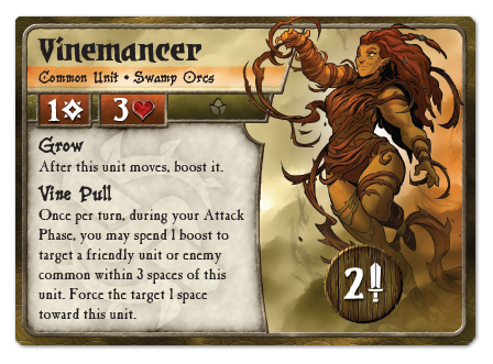 A Swamp Orc Vinemancer card from the second Edition of Summoner Wars.
