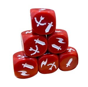 Six red D6s. These are the dice for Summoner Wars. Each face has one to three symbols either of a sword, bow or a lightning bolt. 